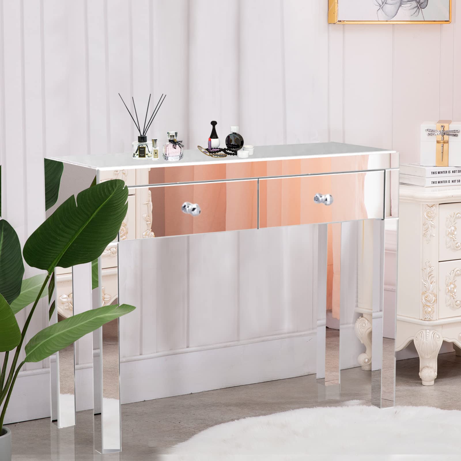 コンソールテーブル　デスク　ミラー　バニティ　ライティング　検　MTFY 鏡面　鏡　化粧台　メイクアップ Mirrored Vanity Desk / Dressing Table with Mirror / Mirror-Finish Console Table ビンテージ　vintage Amazon｜MTFY ミラーテーブル 引き出し2個付き ミラーメイクアップ
